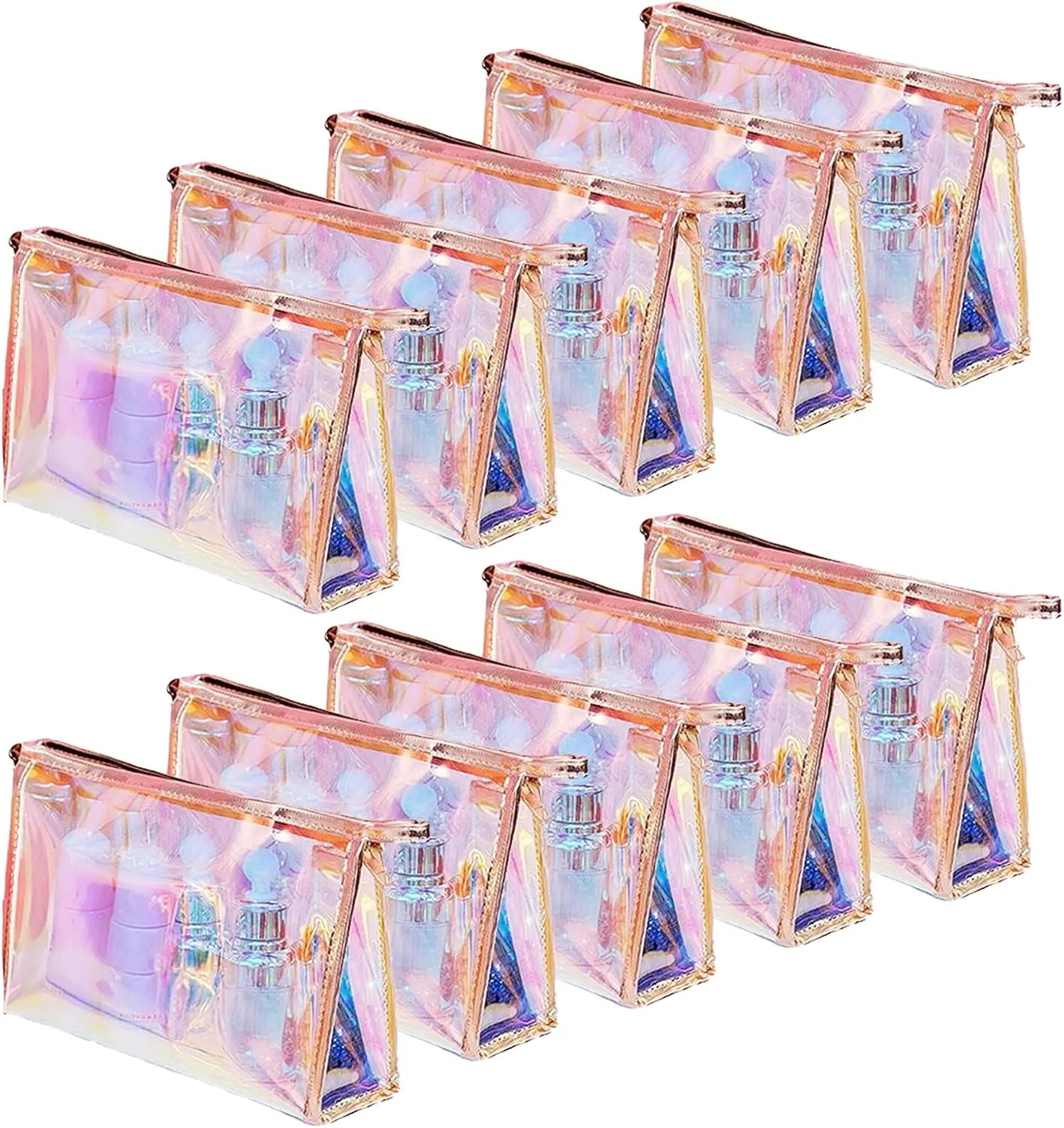 10 Pcs Holographic Makeup Bag Bulk Iridescent Makeup Pouch Clear Bachelorette Bag Portable Zippered Toiletry Bag Waterproof Cosmetic Gift Bags for Organizer, Brushes,Women Gifts