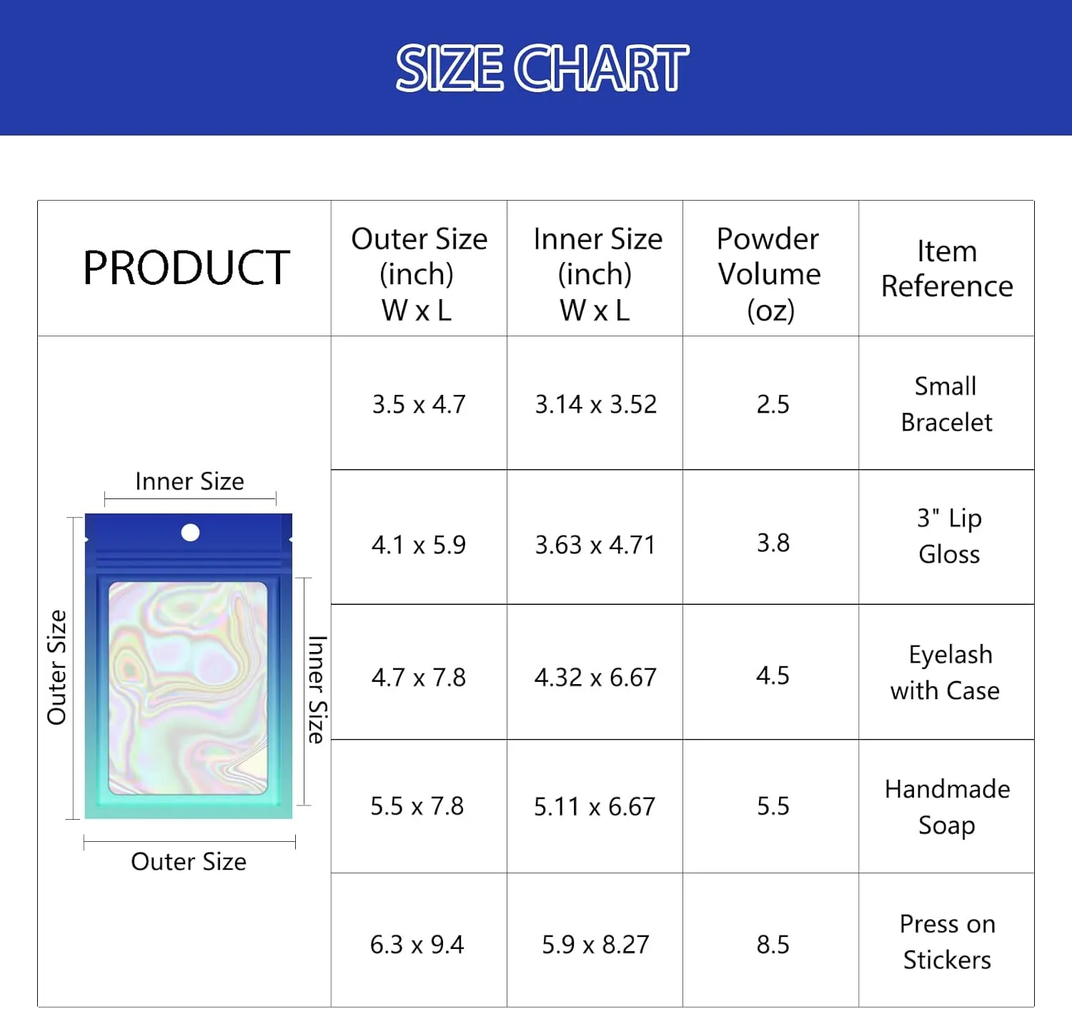 100 Reusable Holographic Gradient Mylar Ziplock Bags, Laminated Plastic, Self Seal Closure, Iridescent Blue, 6.3x9.4 Inch