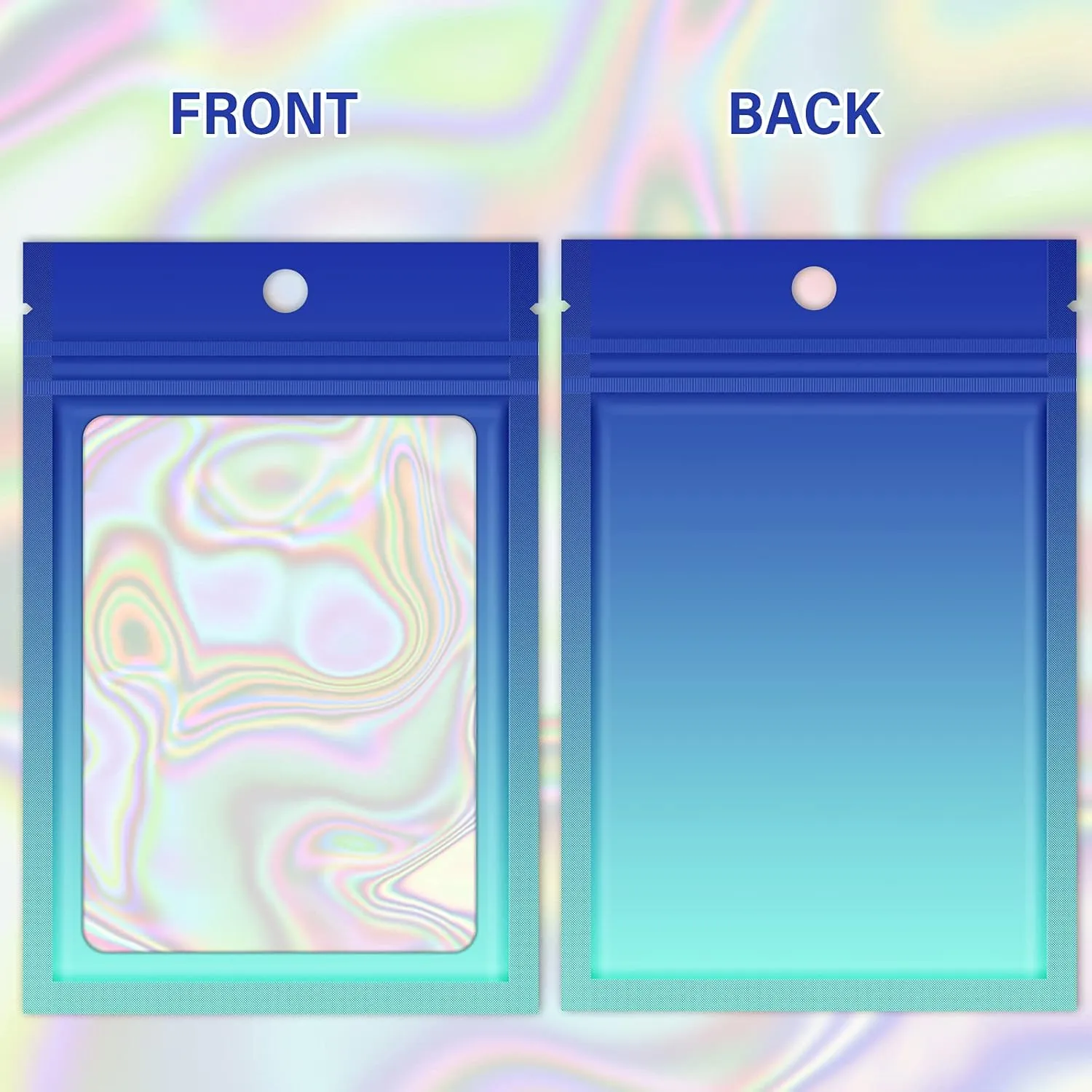 100 Reusable Holographic Gradient Mylar Ziplock Bags, Laminated Plastic, Self Seal Closure, Iridescent Blue, 6.3x9.4 Inch