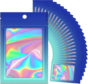 100 Reusable Holographic Gradient Mylar Ziplock Bags, Laminated Plastic, Self Seal Closure, Iridescent Blue, 6.3x9.4 Inch