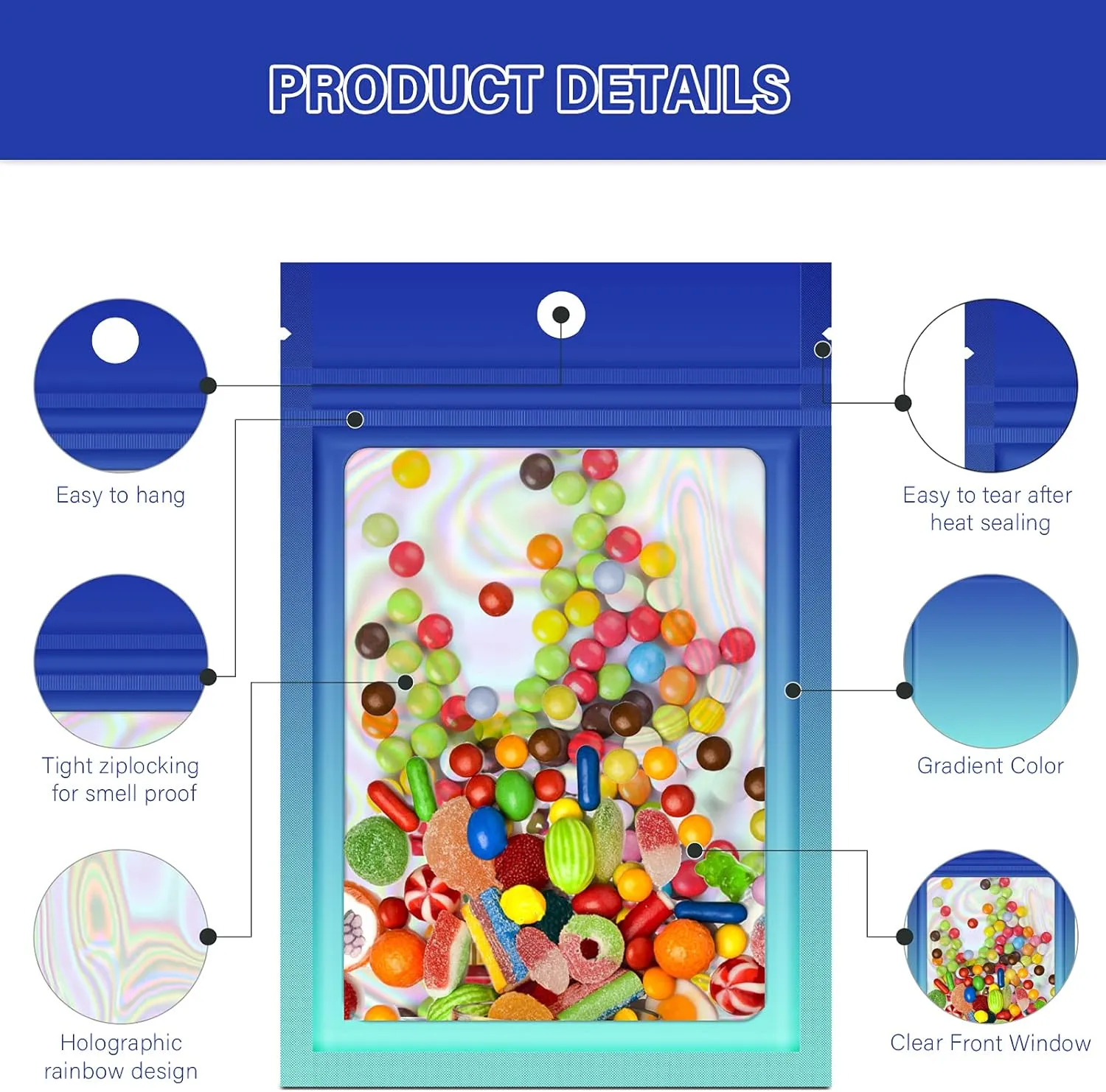 100 Reusable Holographic Gradient Mylar Ziplock Bags, Laminated Plastic, Self Seal Closure, Iridescent Blue, 6.3x9.4 Inch