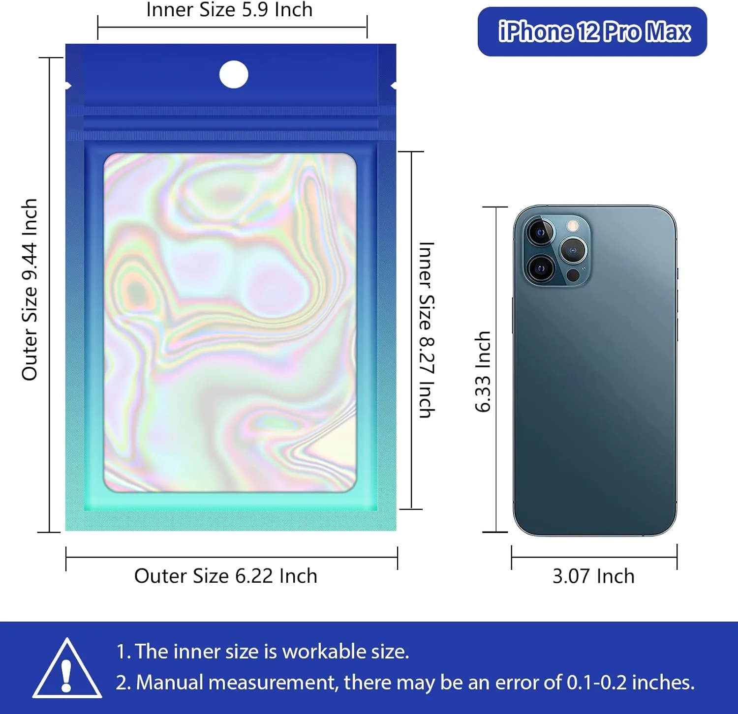 100 Reusable Holographic Gradient Mylar Ziplock Bags, Laminated Plastic, Self Seal Closure, Iridescent Blue, 6.3x9.4 Inch