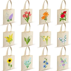 12 Pcs Floral Canvas Tote Bags Bulk Grocery Shopping Gift Bag Book Lovers Tote for Mother's Day Book Club Women Gift