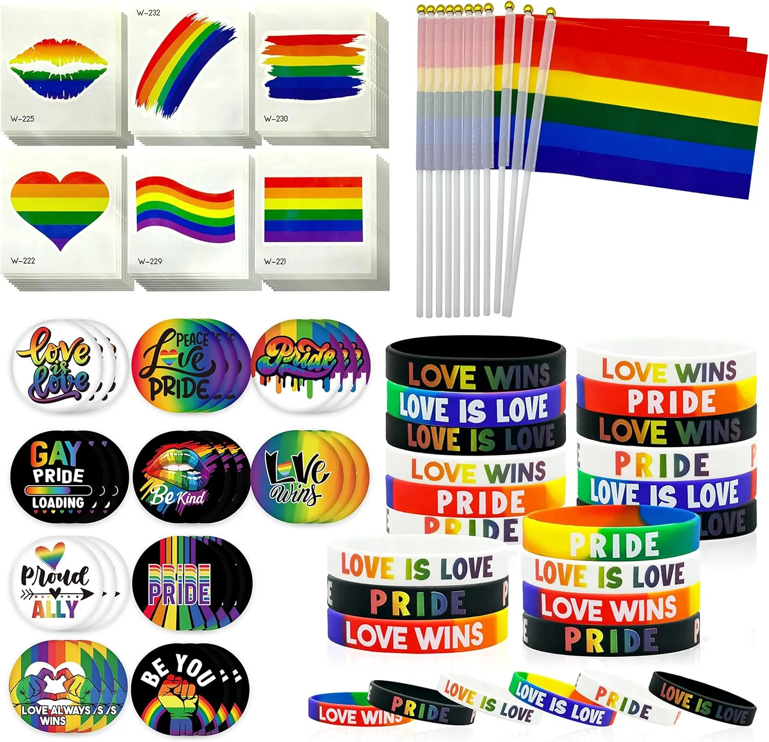 120 Pcs Rainbow Gay Pride Accessories Costume Decoration Set, Pride Silicone Wristbands Brages Button Pins LGBT Love Tattoo Stickers Gay Hand Held Flag for Parade Celebration Party Favors Supplies