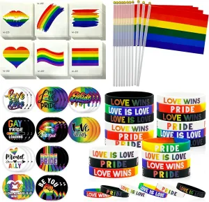 120 Pcs Rainbow Gay Pride Accessories Costume Decoration Set, Pride Silicone Wristbands Brages Button Pins LGBT Love Tattoo Stickers Gay Hand Held Flag for Parade Celebration Party Favors Supplies