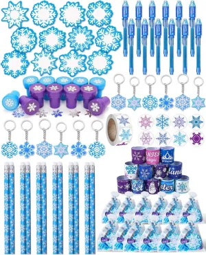 120 Pcs Snowflake Party Favors Bulk Classroom Goodie Bag Stuffers for Kids Girls, Winter Birthday Supplies Set with Stamps, Slap Bracelets, Keychains, Pencils, Highlighters, 500 Stickers & Gift Bags