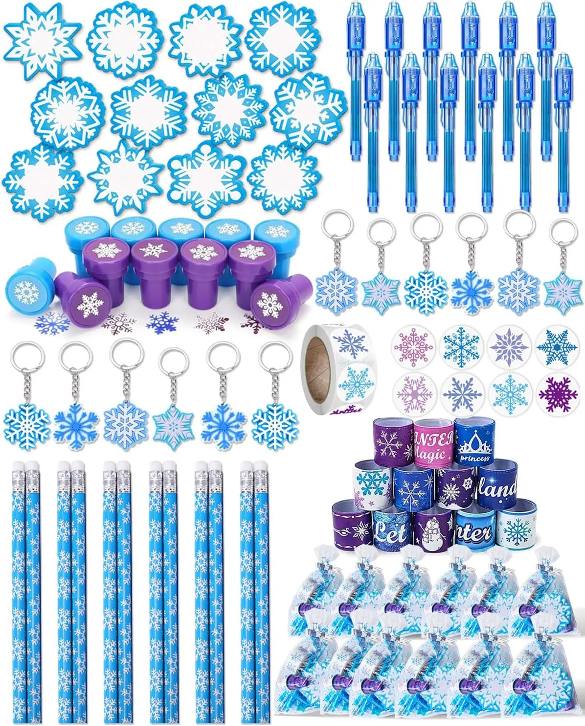 120 Pcs Snowflake Party Favors Bulk Classroom Goodie Bag Stuffers for Kids Girls, Winter Birthday Supplies Set with Stamps, Slap Bracelets, Keychains, Pencils, Highlighters, 500 Stickers & Gift Bags