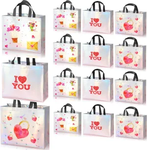 15 Pcs Glossy Iridescent Gift Bags,13'' Large Non-woven Reusable Goodie Bags,Luxury Shopping Bags with Black Handles & Sturdy Base, Women's Day Gift Bags for Birthday, Wedding, Easter, Holiday Party