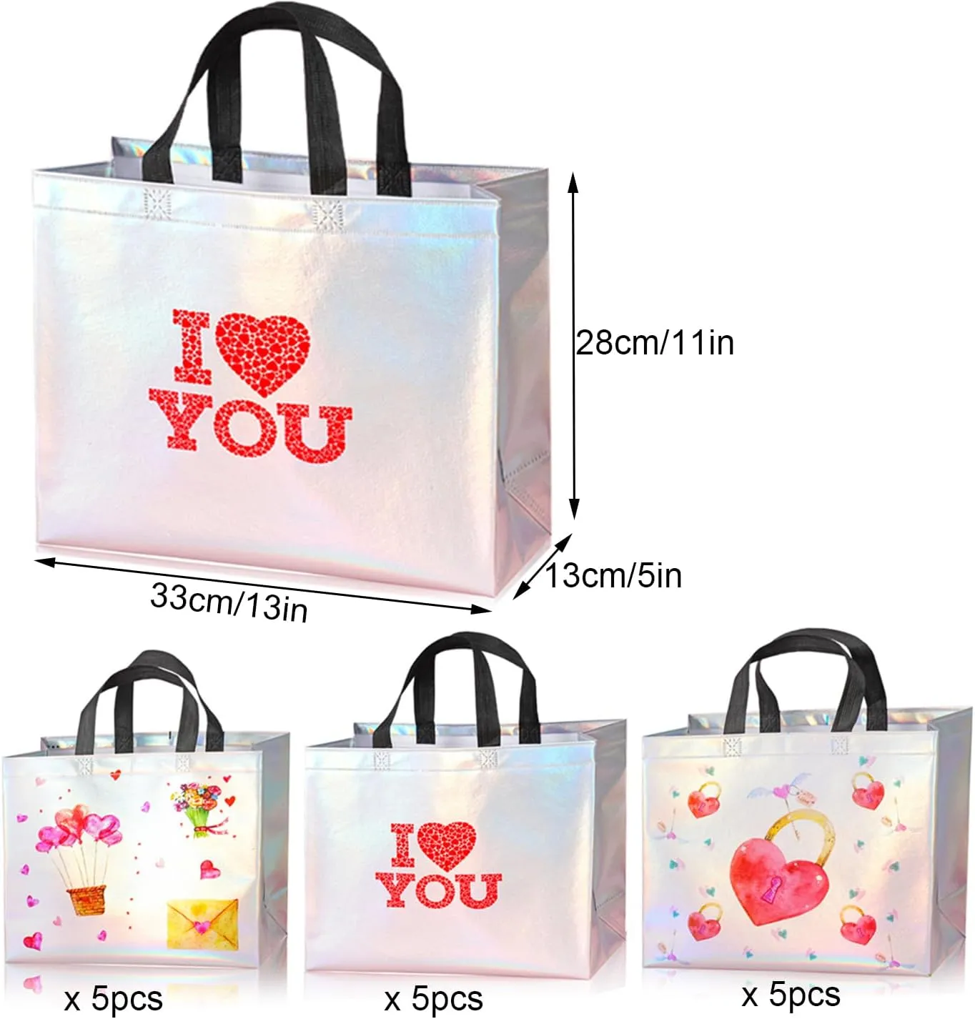 15 Pcs Glossy Iridescent Gift Bags,13'' Large Non-woven Reusable Goodie Bags,Luxury Shopping Bags with Black Handles & Sturdy Base, Women's Day Gift Bags for Birthday, Wedding, Easter, Holiday Party