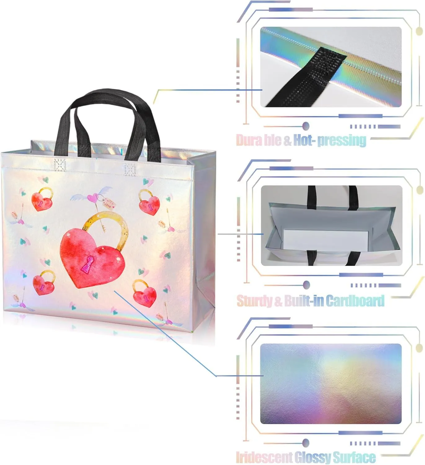 15 Pcs Glossy Iridescent Gift Bags,13'' Large Non-woven Reusable Goodie Bags,Luxury Shopping Bags with Black Handles & Sturdy Base, Women's Day Gift Bags for Birthday, Wedding, Easter, Holiday Party