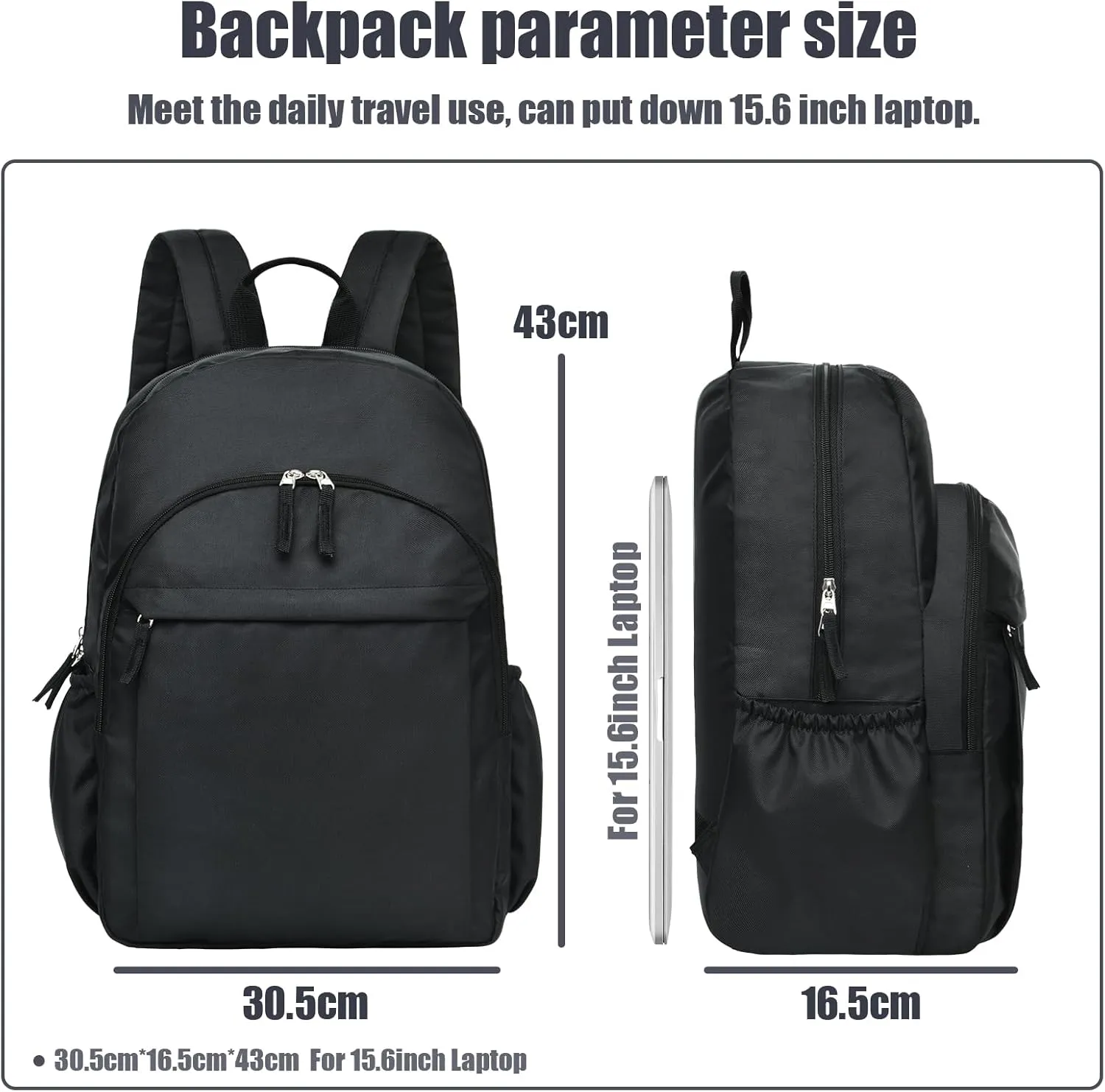 15.6 inch Basic Black Backpack for Men, Travel Backpack Carry on, Water Resistant School Backpacks for Teens, College Back Pack Bookbag for Boys Girls, Work Backpacks for Women