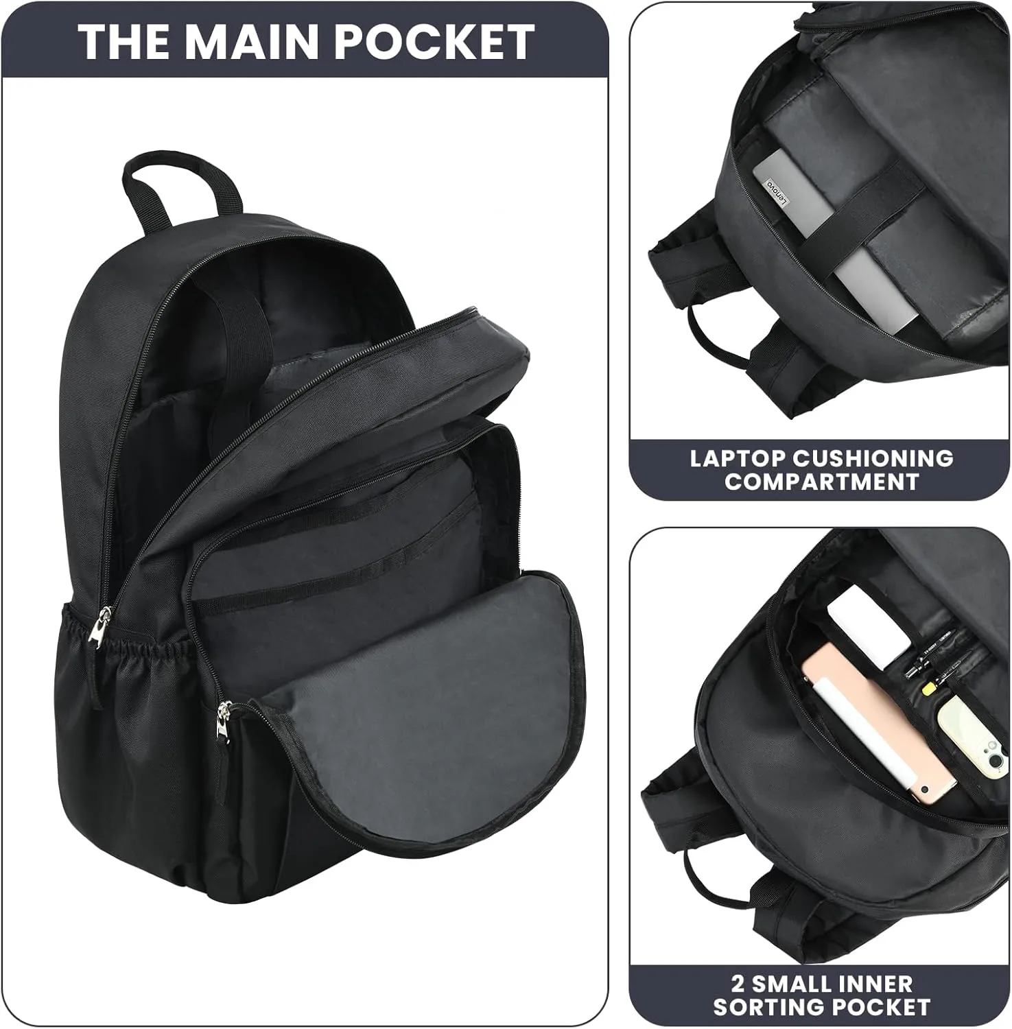 15.6 inch Basic Black Backpack for Men, Travel Backpack Carry on, Water Resistant School Backpacks for Teens, College Back Pack Bookbag for Boys Girls, Work Backpacks for Women