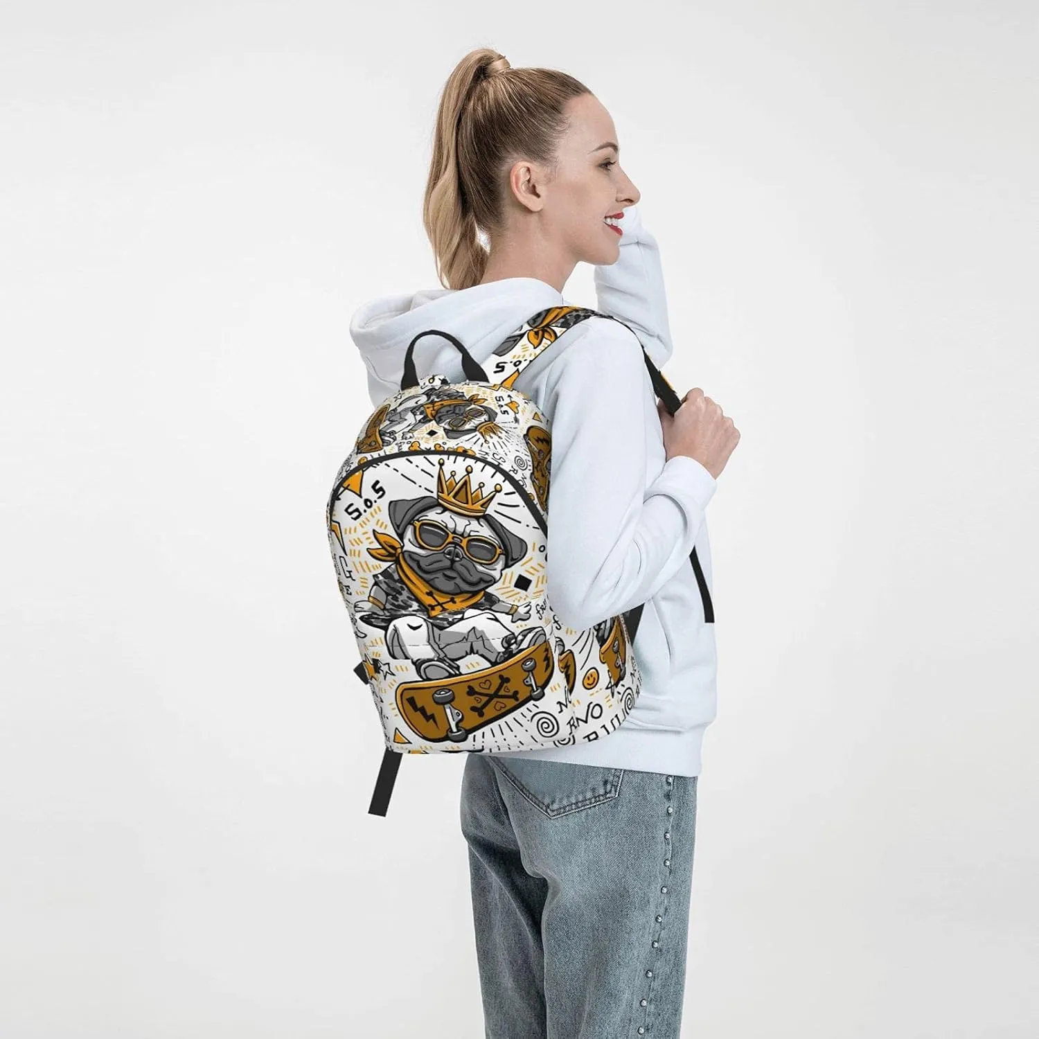 16 inch backpack Cartoon Pug Skull Laptop Backpack Full Print School Bookbag Shoulder Bag for Travel Daypack
