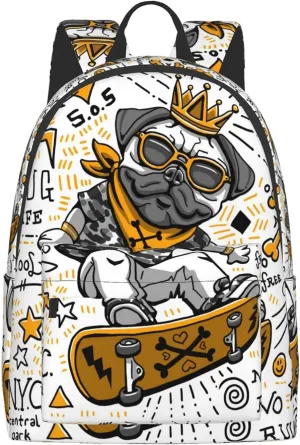 16 inch backpack Cartoon Pug Skull Laptop Backpack Full Print School Bookbag Shoulder Bag for Travel Daypack