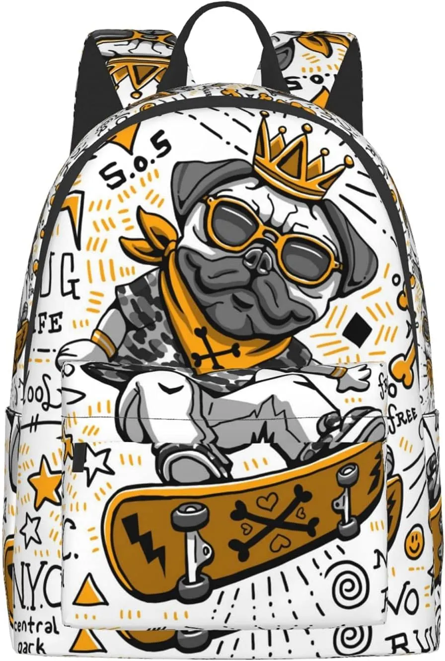 16 inch backpack Cartoon Pug Skull Laptop Backpack Full Print School Bookbag Shoulder Bag for Travel Daypack