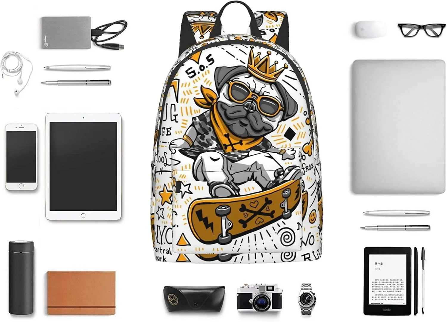 16 inch backpack Cartoon Pug Skull Laptop Backpack Full Print School Bookbag Shoulder Bag for Travel Daypack