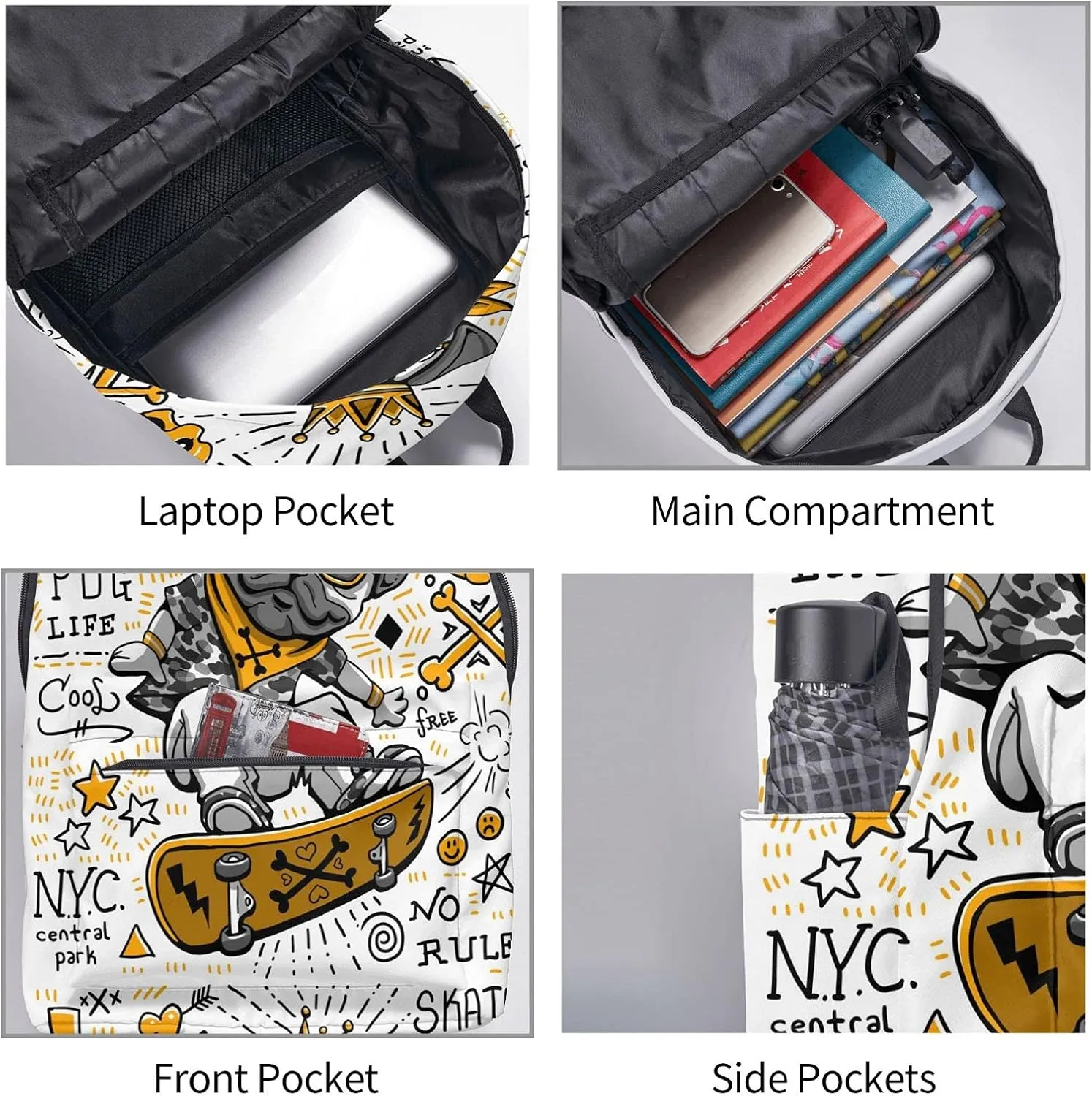 16 inch backpack Cartoon Pug Skull Laptop Backpack Full Print School Bookbag Shoulder Bag for Travel Daypack