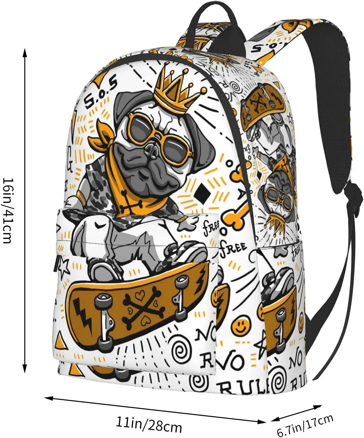 16 inch backpack Cartoon Pug Skull Laptop Backpack Full Print School Bookbag Shoulder Bag for Travel Daypack