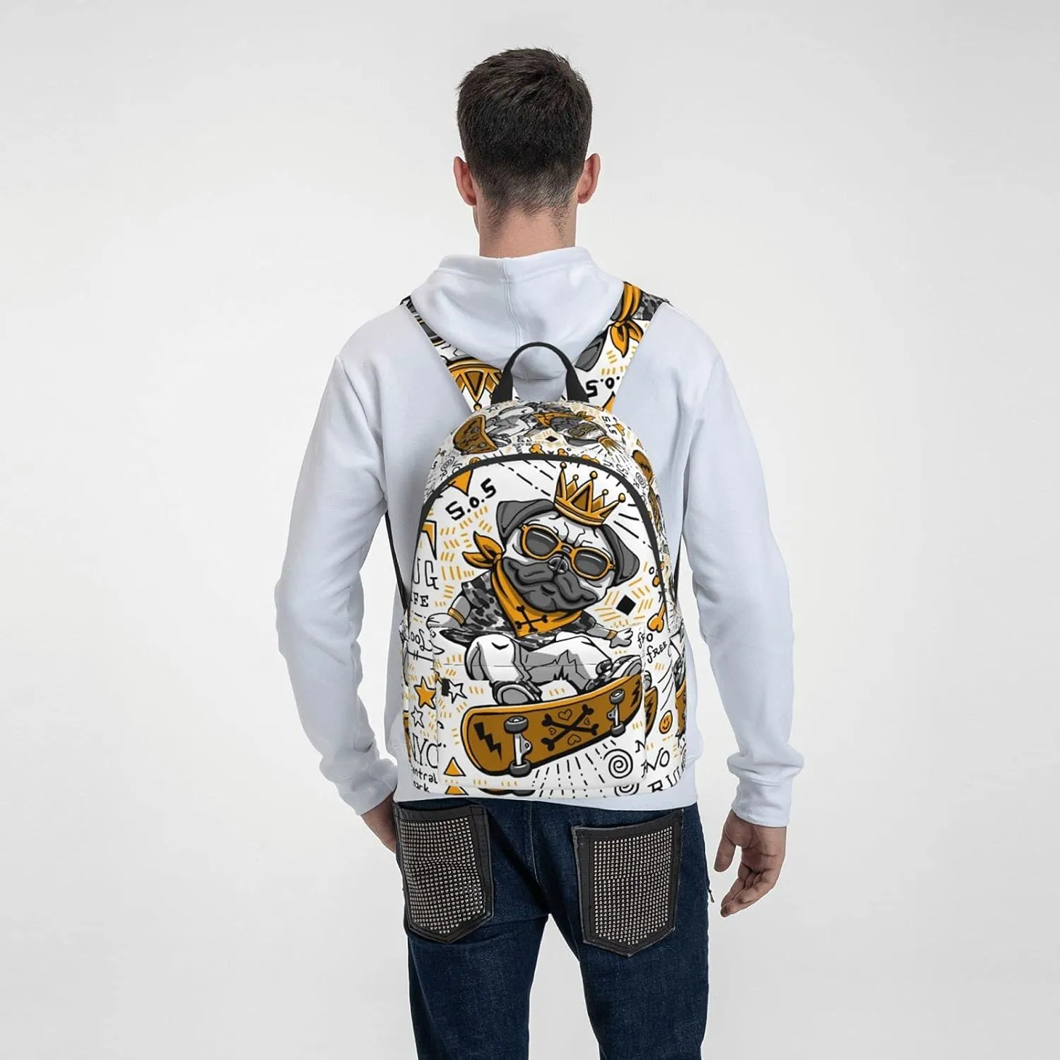 16 inch backpack Cartoon Pug Skull Laptop Backpack Full Print School Bookbag Shoulder Bag for Travel Daypack