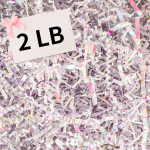 2 LB Crinkle Cut Paper Shred Filler, Iridescent White Crinkle Paper Shred Filler Shredded Paper for Gift Baskets Box Filling Birthday Wedding Anniversary