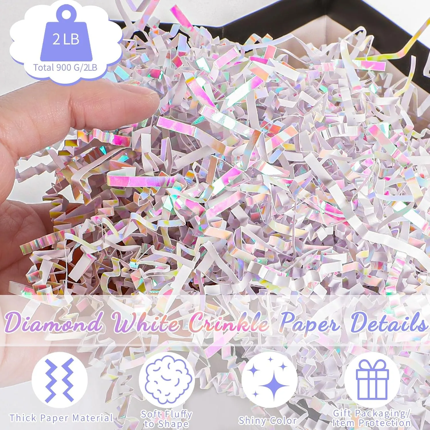 2 LB Crinkle Cut Paper Shred Filler, Iridescent White Crinkle Paper Shred Filler Shredded Paper for Gift Baskets Box Filling Birthday Wedding Anniversary