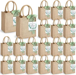 20 Pack Burlap Tote Bags with Handles Reusable Jute Gift Bags Thank You Gift Tags Chiffon Silk Ribbons for Wedding Invitations Parties and Baby Showers Bridesmaid(Sage Green)