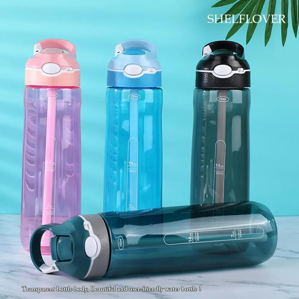 24oz Black Water Bottle With Narrow Straw, BPA FREE Clear Bottles With Handle One Hand Use Easy Carried, Flip Up, Suit School, Office, Gym, Office