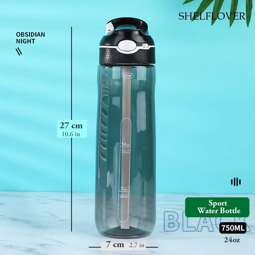 24oz Black Water Bottle With Narrow Straw, BPA FREE Clear Bottles With Handle One Hand Use Easy Carried, Flip Up, Suit School, Office, Gym, Office