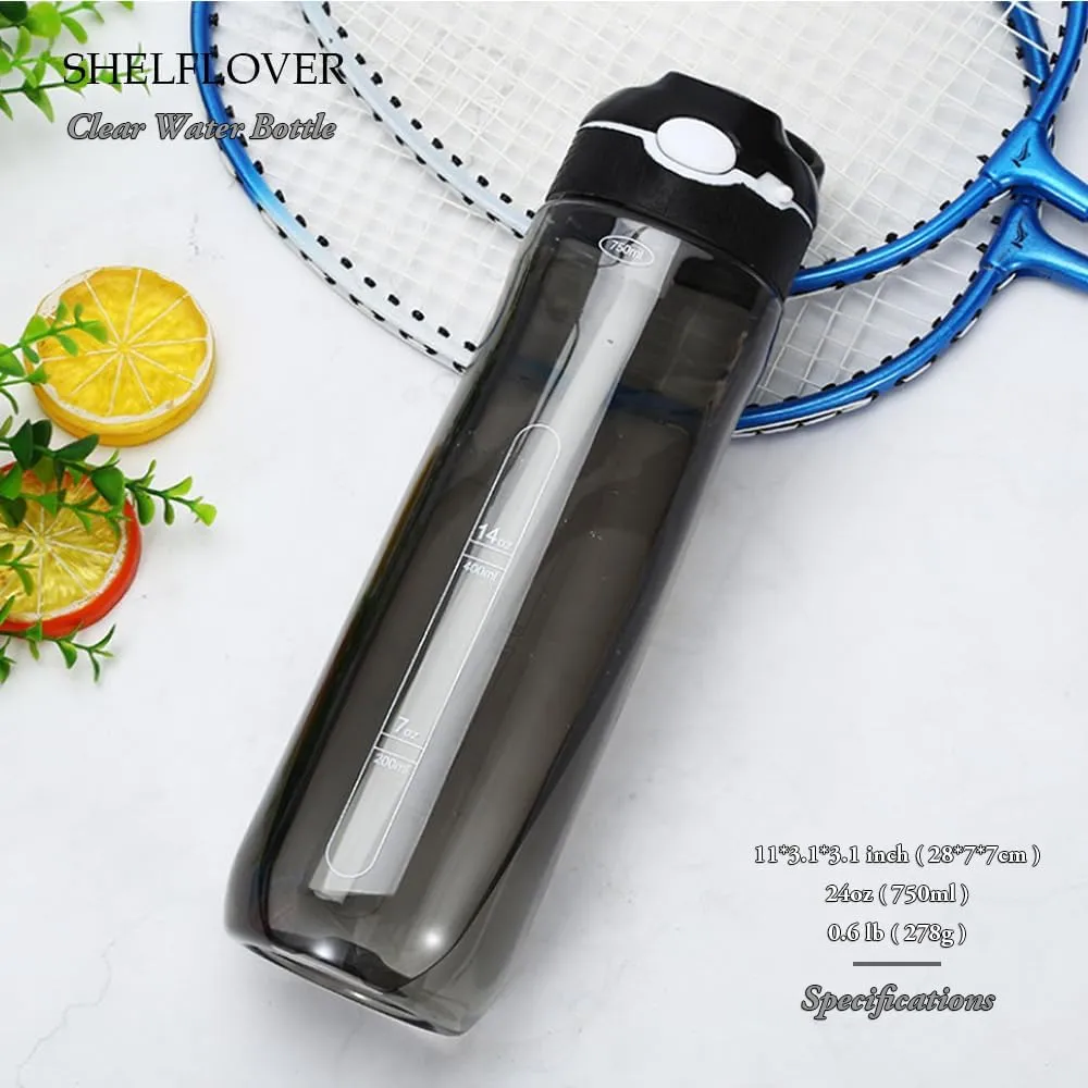 24oz Black Water Bottle With Narrow Straw, BPA FREE Clear Bottles With Handle One Hand Use Easy Carried, Flip Up, Suit School, Office, Gym, Office
