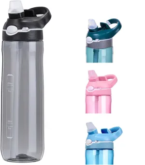 24oz Black Water Bottle With Narrow Straw, BPA FREE Clear Bottles With Handle One Hand Use Easy Carried, Flip Up, Suit School, Office, Gym, Office