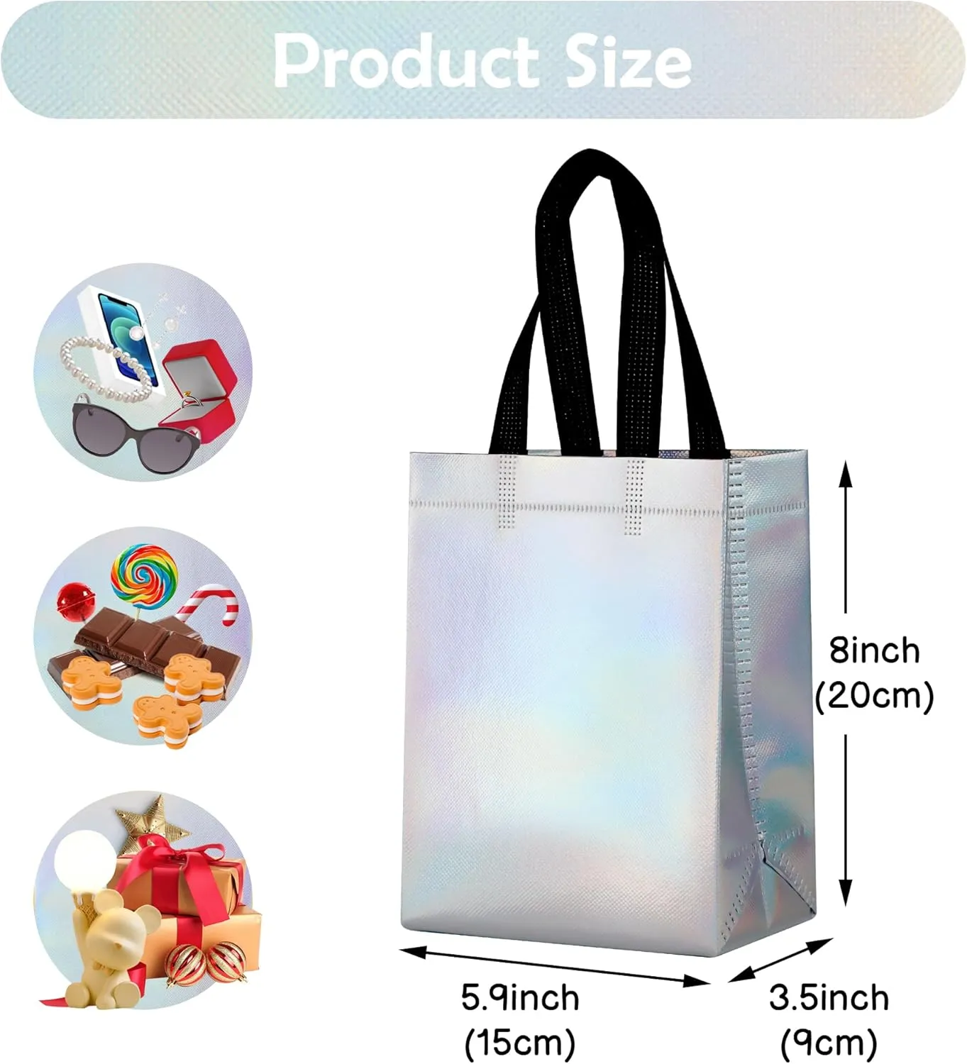 25 Pack Gift Bags with Handles,Small Gift Bags,Non-woven Bag for Birthday,Baby Shower,Crafts, Christmas,Party Supplies,Iridescent,5.9" L x 3.5" W x 8" H