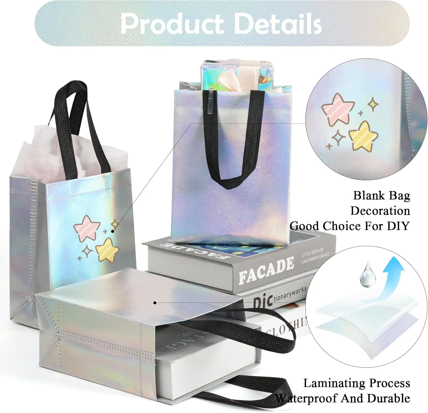 25 Pack Gift Bags with Handles,Small Gift Bags,Non-woven Bag for Birthday,Baby Shower,Crafts, Christmas,Party Supplies,Iridescent,5.9" L x 3.5" W x 8" H