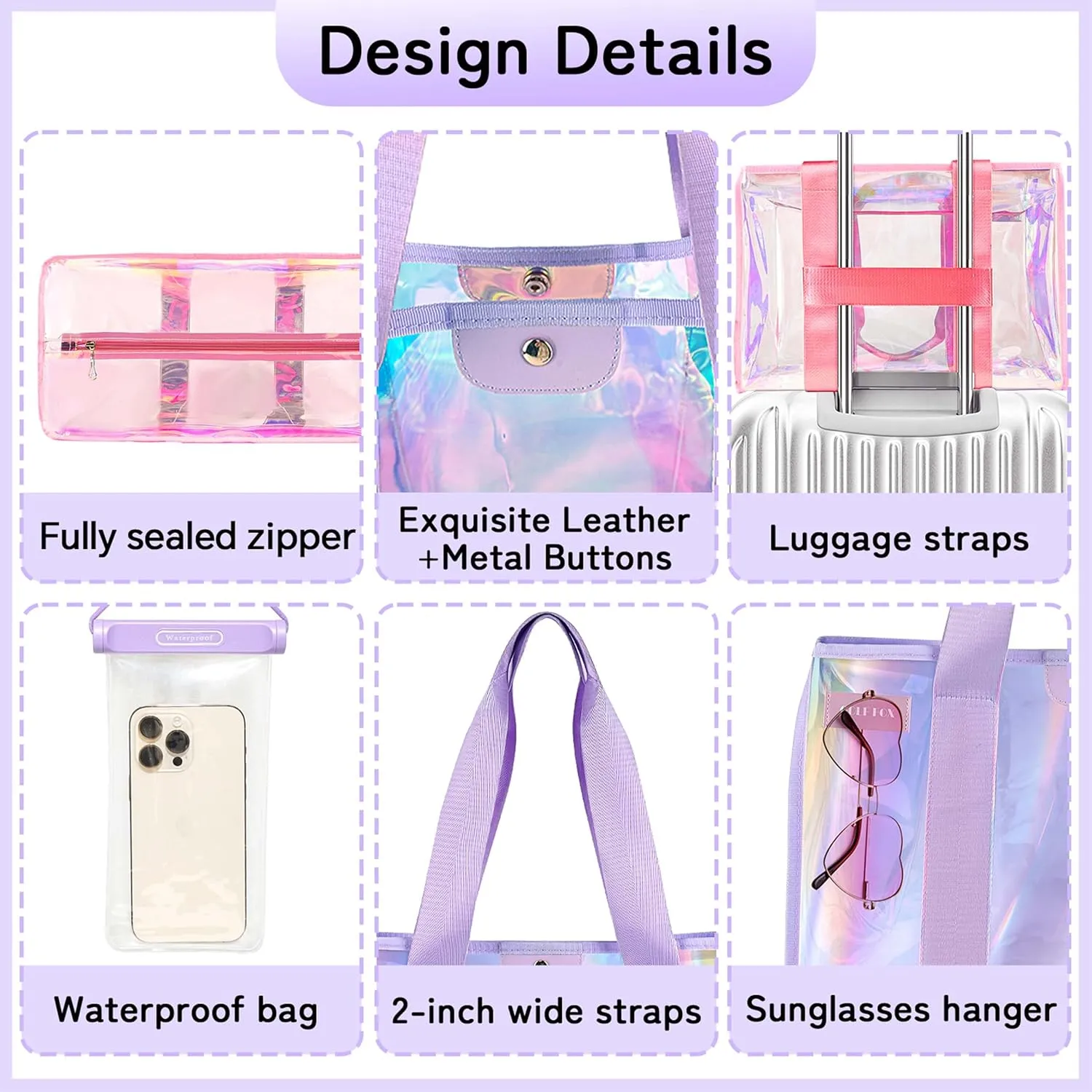 2PCS XL Iridescent Beach Bag Set - Clear Tote Bag with Snap & Tote Bag with Zipper - Perfect Beach Essentials for Family