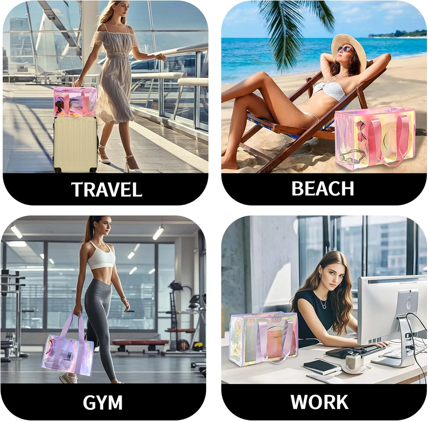 2PCS XL Iridescent Beach Bag Set - Clear Tote Bag with Snap & Tote Bag with Zipper - Perfect Beach Essentials for Family