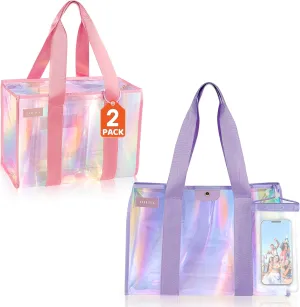 2PCS XL Iridescent Beach Bag Set - Clear Tote Bag with Snap & Tote Bag with Zipper - Perfect Beach Essentials for Family