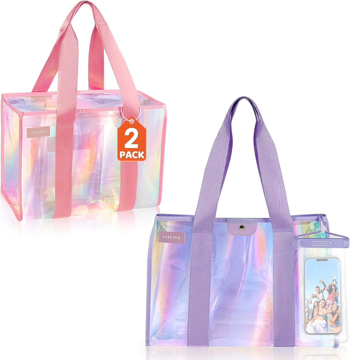 2PCS XL Iridescent Beach Bag Set - Clear Tote Bag with Snap & Tote Bag with Zipper - Perfect Beach Essentials for Family