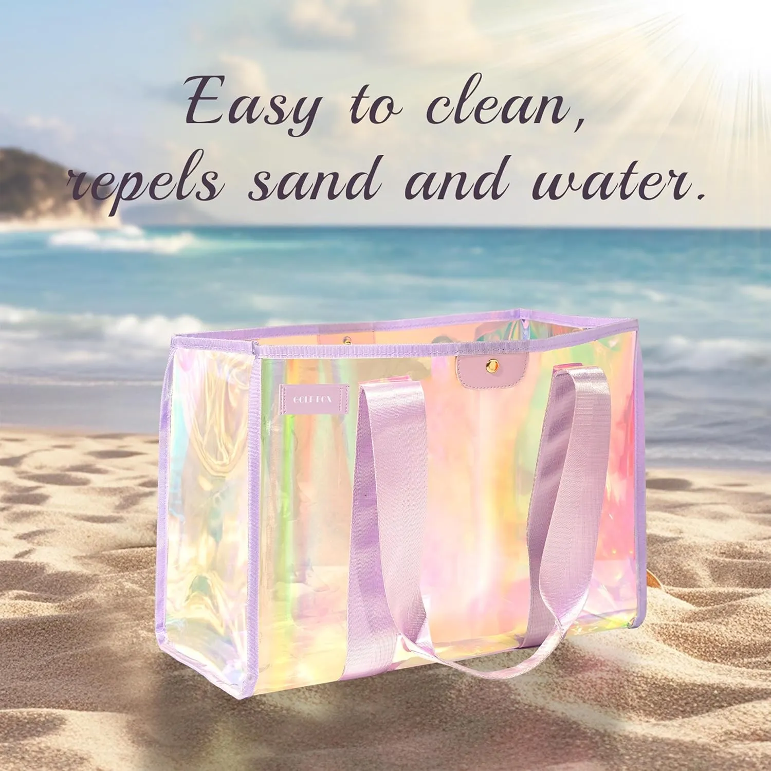 2PCS XL Iridescent Beach Bag Set - Clear Tote Bag with Snap & Tote Bag with Zipper - Perfect Beach Essentials for Family