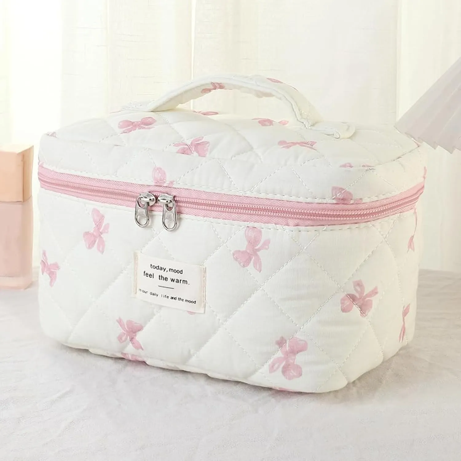 3 Pcs Quilted Makeup Bag Set, Bow & Floral Designs, Large Toiletry Cosmetic Organizer for Women & Girls (L-3PCS)