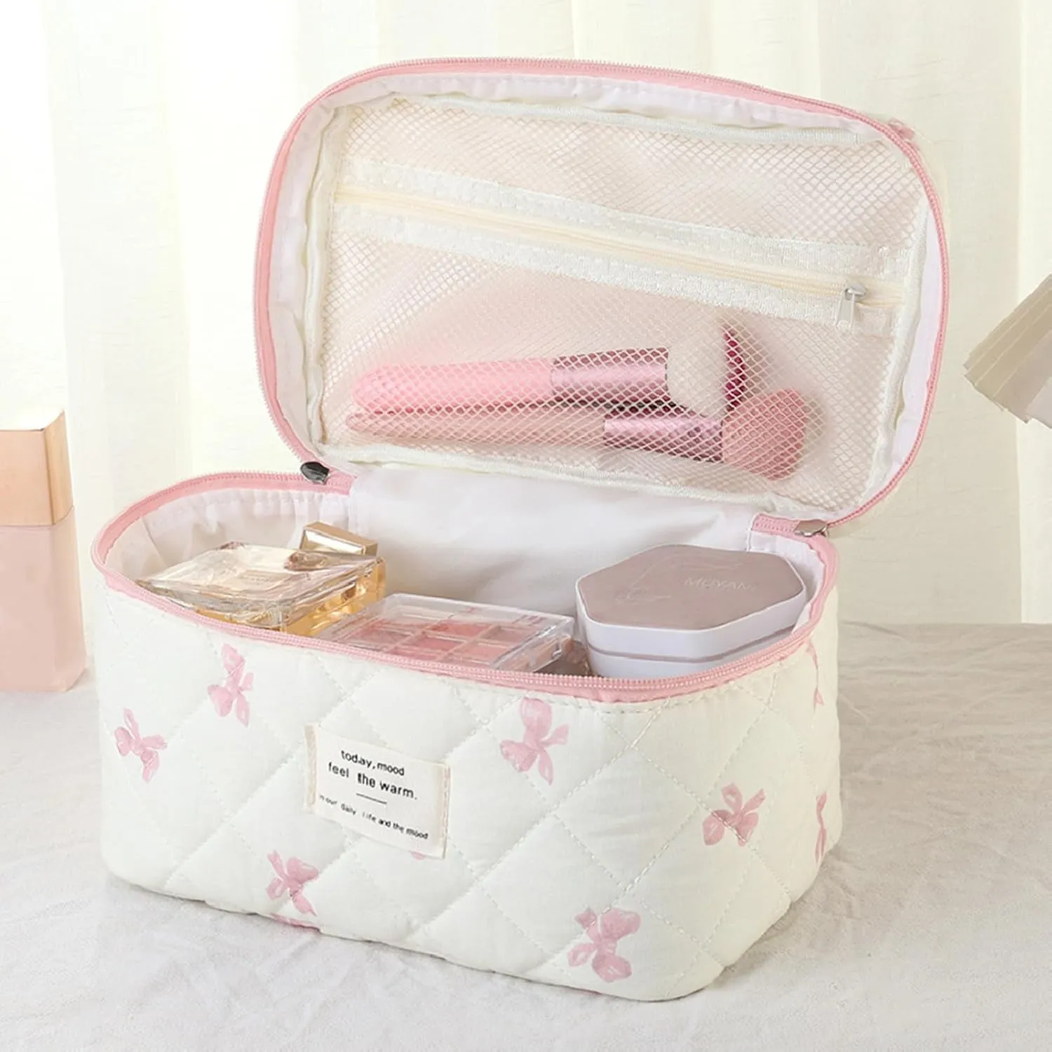 3 Pcs Quilted Makeup Bag Set, Bow & Floral Designs, Large Toiletry Cosmetic Organizer for Women & Girls (L-3PCS)