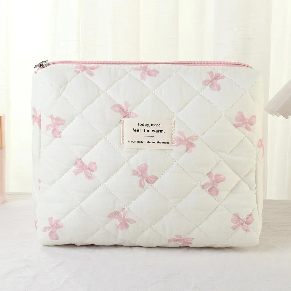 3 Pcs Quilted Makeup Bag Set, Bow & Floral Designs, Large Toiletry Cosmetic Organizer for Women & Girls (L-3PCS)