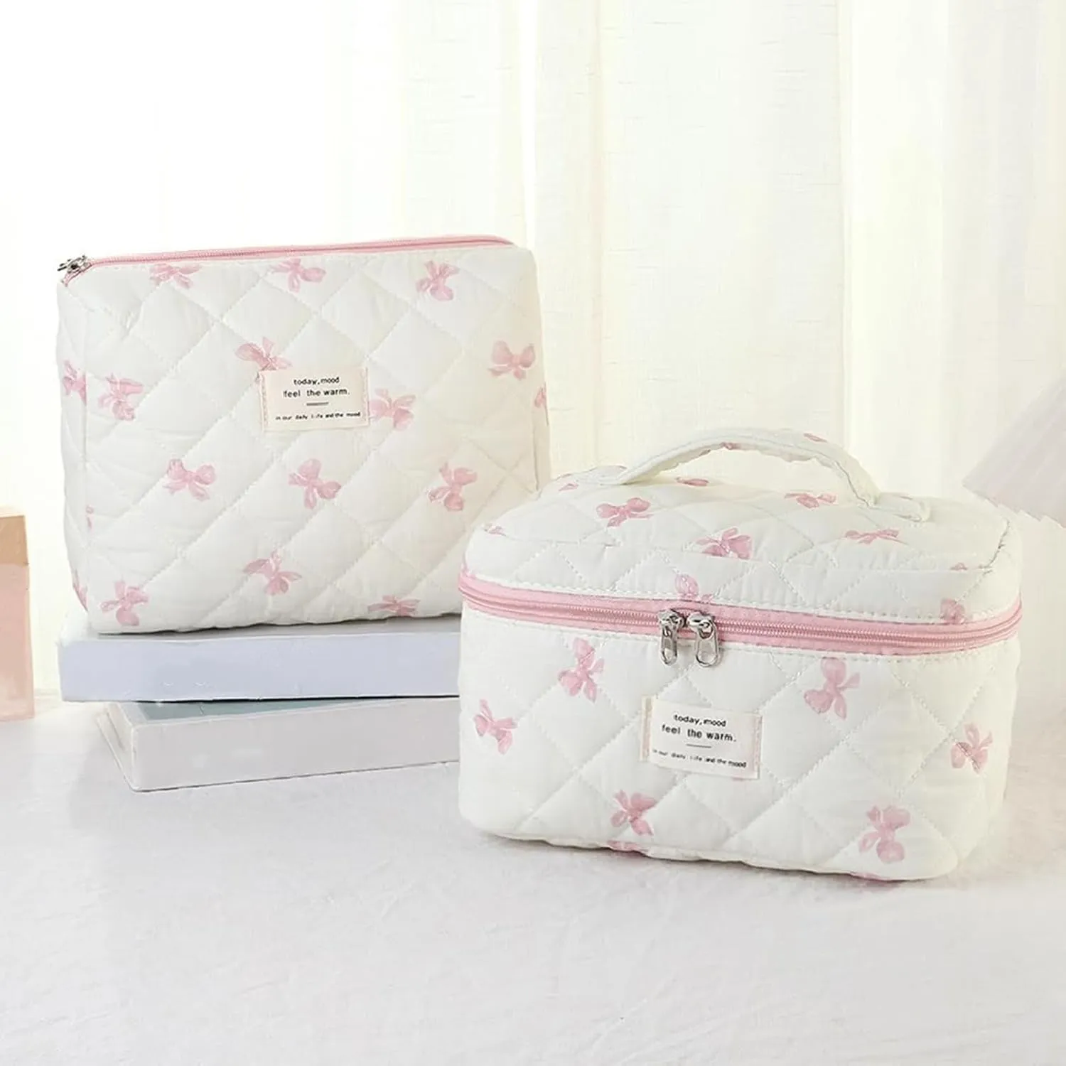 3 Pcs Quilted Makeup Bag Set, Bow & Floral Designs, Large Toiletry Cosmetic Organizer for Women & Girls (L-3PCS)