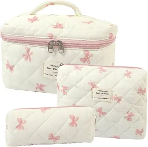 3 Pcs Quilted Makeup Bag Set, Bow & Floral Designs, Large Toiletry Cosmetic Organizer for Women & Girls (L-3PCS)