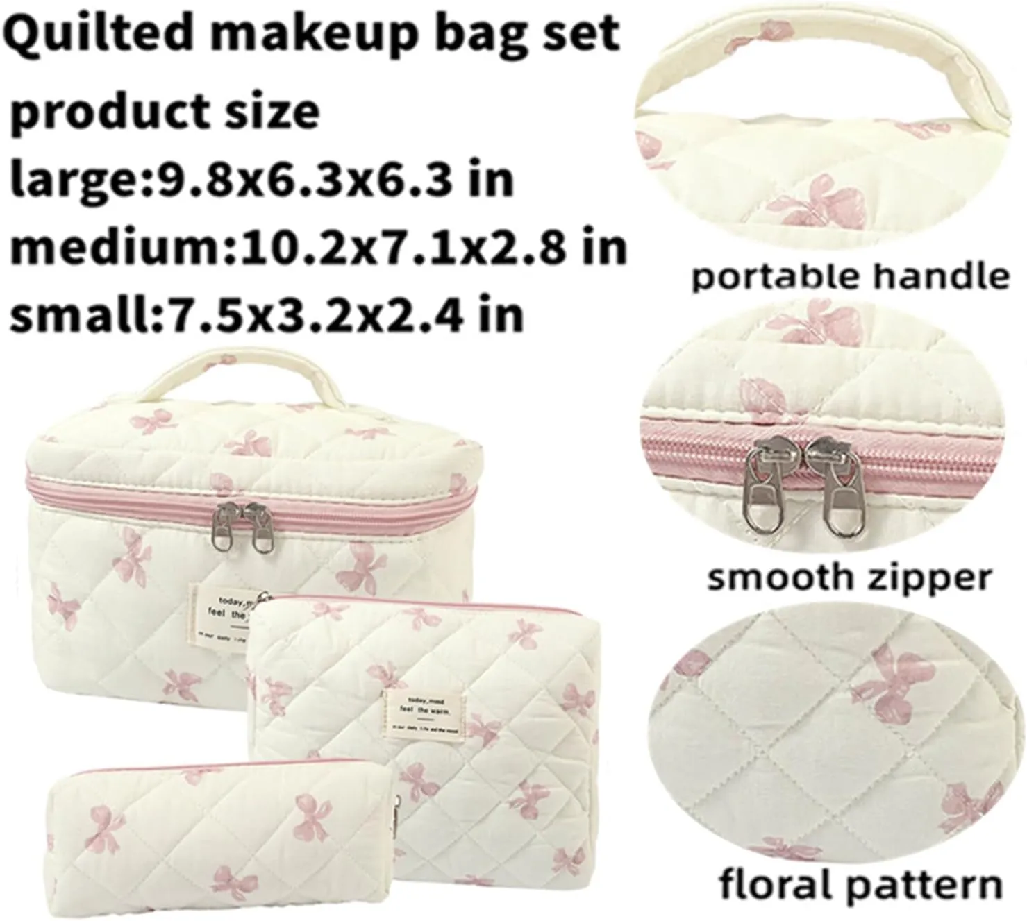 3 Pcs Quilted Makeup Bag Set, Bow & Floral Designs, Large Toiletry Cosmetic Organizer for Women & Girls (L-3PCS)