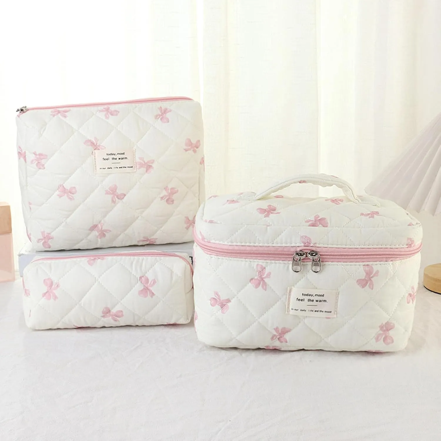 3 Pcs Quilted Makeup Bag Set, Bow & Floral Designs, Large Toiletry Cosmetic Organizer for Women & Girls (L-3PCS)