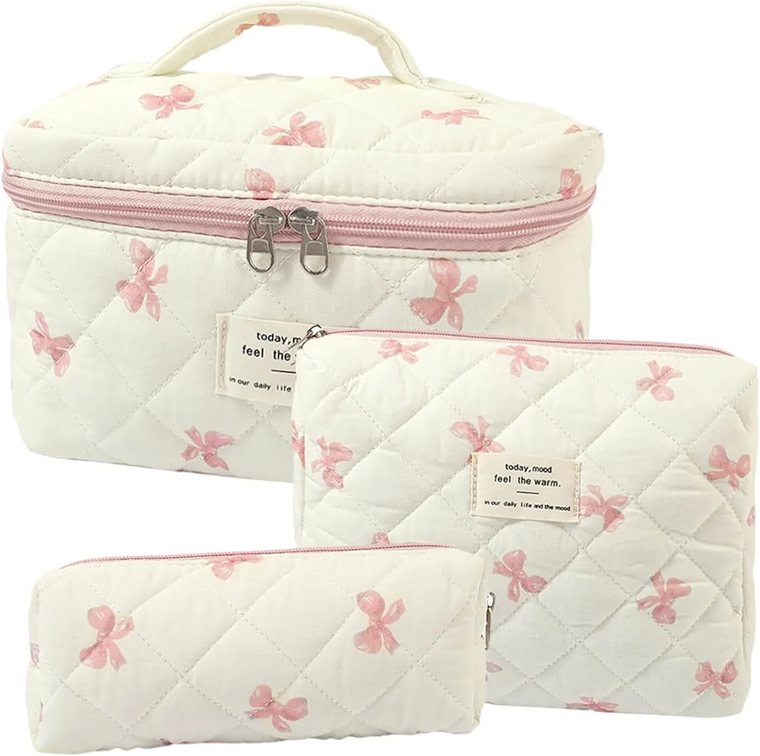 3 Pcs Quilted Makeup Bag Set, Bow & Floral Designs, Large Toiletry Cosmetic Organizer for Women & Girls (L-3PCS)