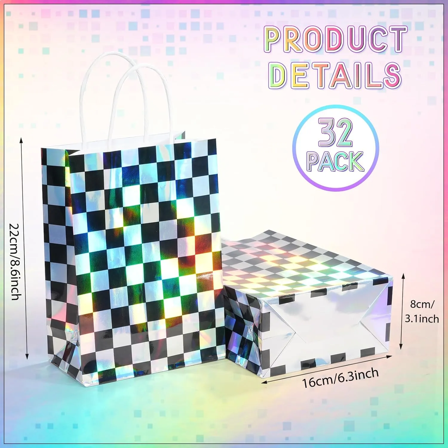 32Pcs Iridescent Checkered Race Car Party Favor Bags, Black and Iridescent Goodie Bags With Handles, Laser Plaid Kraft Paper Candy Gift Treat Bags for Kids Fast Race Birthday Party Decorations