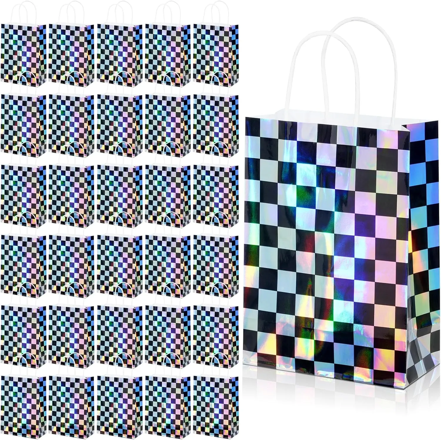 32Pcs Iridescent Checkered Race Car Party Favor Bags, Black and Iridescent Goodie Bags With Handles, Laser Plaid Kraft Paper Candy Gift Treat Bags for Kids Fast Race Birthday Party Decorations