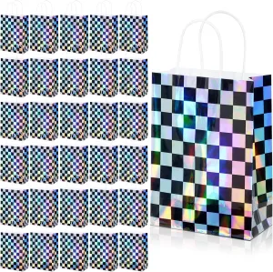 32Pcs Iridescent Checkered Race Car Party Favor Bags, Black and Iridescent Goodie Bags With Handles, Laser Plaid Kraft Paper Candy Gift Treat Bags for Kids Fast Race Birthday Party Decorations
