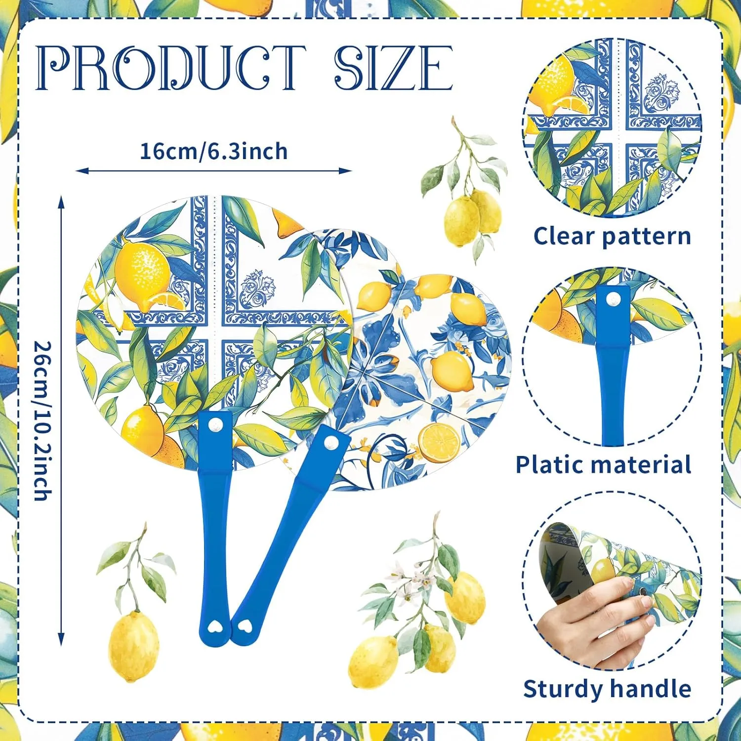 36 Pcs Summer Lemon Handheld Fans Blue White Yellow Lemon Themed Party Decor Chinoiserie Porcelain Plastic Round Hand Fans Bulk for Women Daily Use Wedding Decoration Bridal Bridesmaid Gift