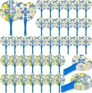 36 Pcs Summer Lemon Handheld Fans Blue White Yellow Lemon Themed Party Decor Chinoiserie Porcelain Plastic Round Hand Fans Bulk for Women Daily Use Wedding Decoration Bridal Bridesmaid Gift